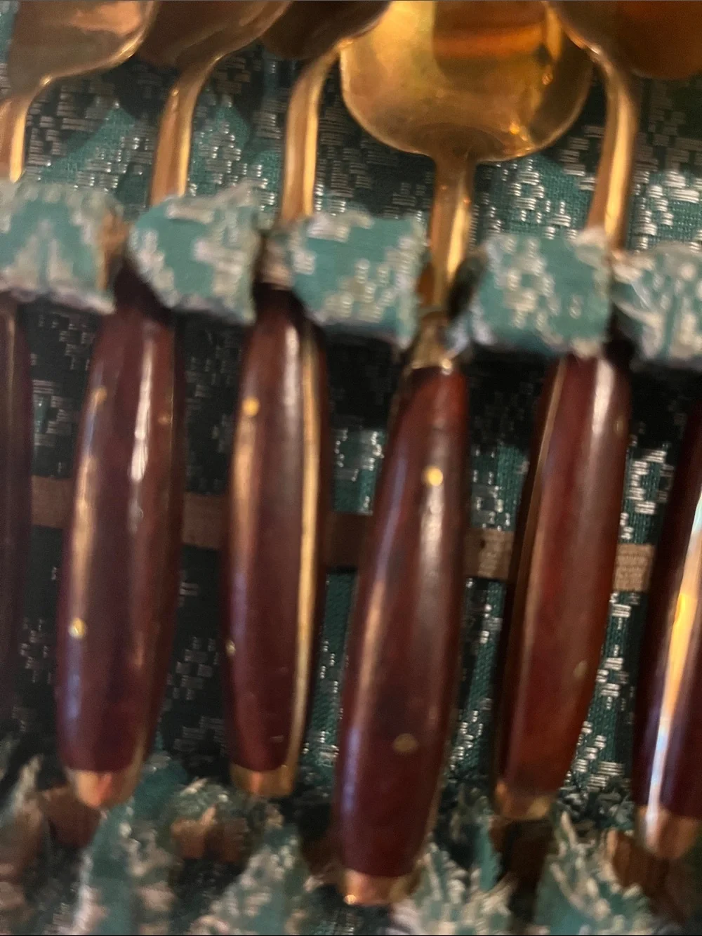 Vintage brass flatware 29 pieces rosewood handles.  Wood  handled chest Bangkok